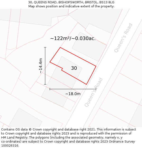 30, QUEENS ROAD, BISHOPSWORTH, BRISTOL, BS13 8LG: Plot and title map