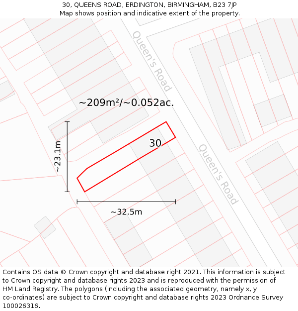 30, QUEENS ROAD, ERDINGTON, BIRMINGHAM, B23 7JP: Plot and title map
