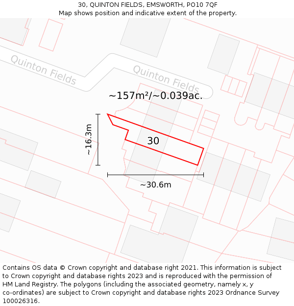 30, QUINTON FIELDS, EMSWORTH, PO10 7QF: Plot and title map