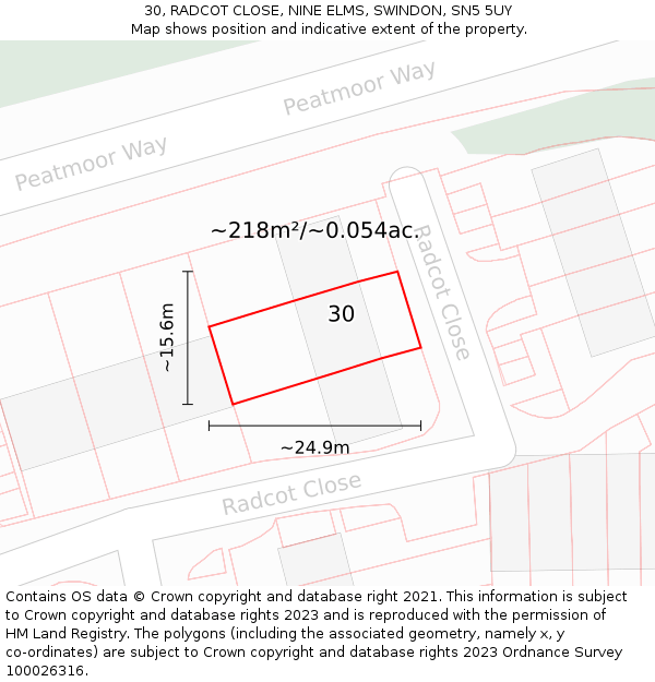 30, RADCOT CLOSE, NINE ELMS, SWINDON, SN5 5UY: Plot and title map