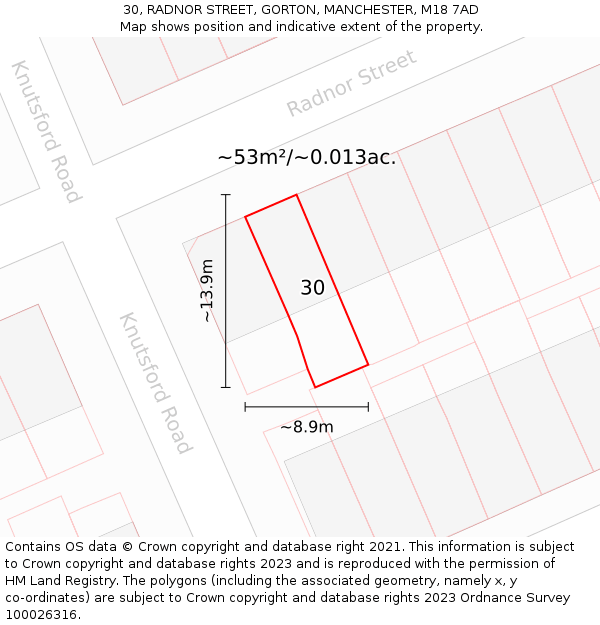 30, RADNOR STREET, GORTON, MANCHESTER, M18 7AD: Plot and title map