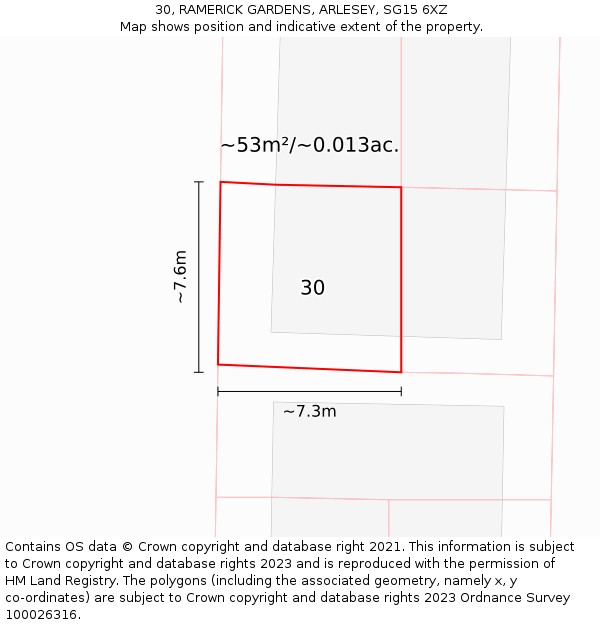 30, RAMERICK GARDENS, ARLESEY, SG15 6XZ: Plot and title map