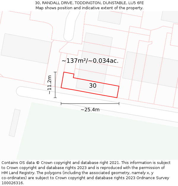 30, RANDALL DRIVE, TODDINGTON, DUNSTABLE, LU5 6FE: Plot and title map