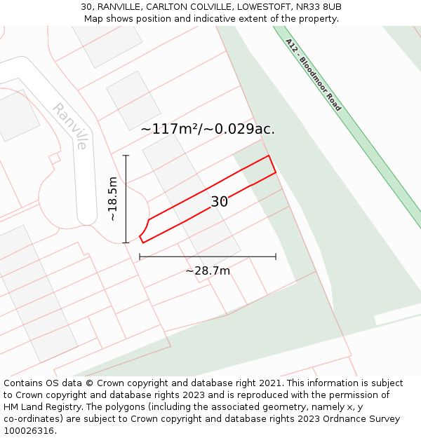 30, RANVILLE, CARLTON COLVILLE, LOWESTOFT, NR33 8UB: Plot and title map