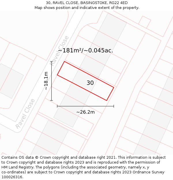 30, RAVEL CLOSE, BASINGSTOKE, RG22 4ED: Plot and title map