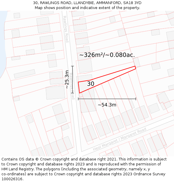 30, RAWLINGS ROAD, LLANDYBIE, AMMANFORD, SA18 3YD: Plot and title map