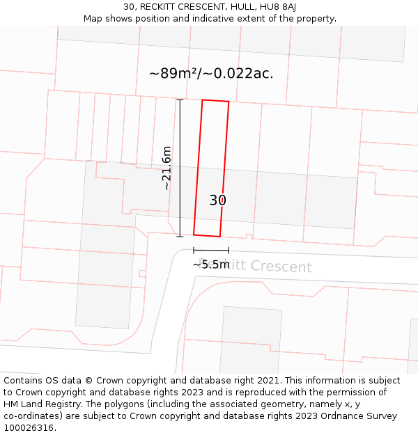 30, RECKITT CRESCENT, HULL, HU8 8AJ: Plot and title map