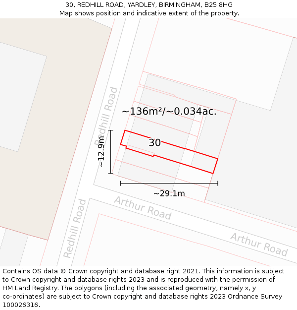 30, REDHILL ROAD, YARDLEY, BIRMINGHAM, B25 8HG: Plot and title map