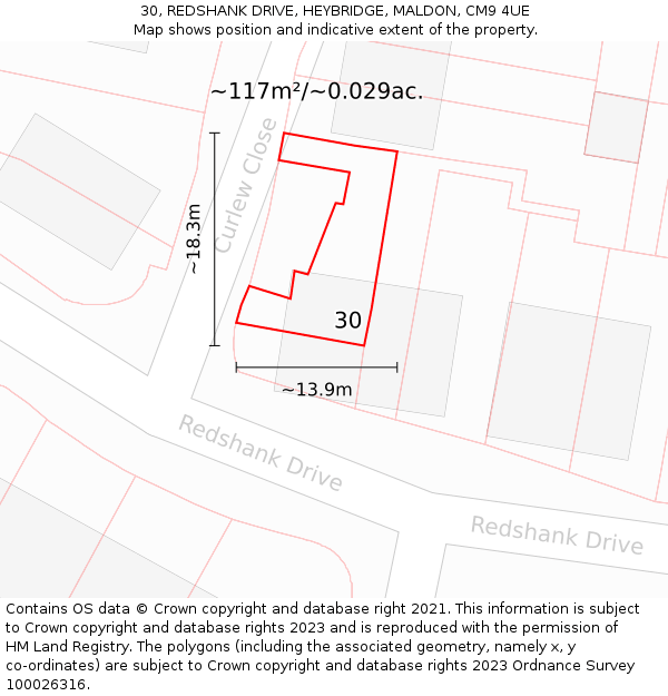 30, REDSHANK DRIVE, HEYBRIDGE, MALDON, CM9 4UE: Plot and title map