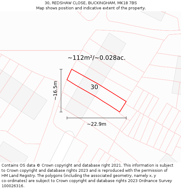 30, REDSHAW CLOSE, BUCKINGHAM, MK18 7BS: Plot and title map