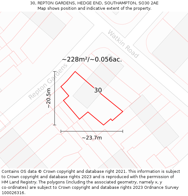 30, REPTON GARDENS, HEDGE END, SOUTHAMPTON, SO30 2AE: Plot and title map