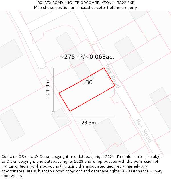 30, REX ROAD, HIGHER ODCOMBE, YEOVIL, BA22 8XP: Plot and title map