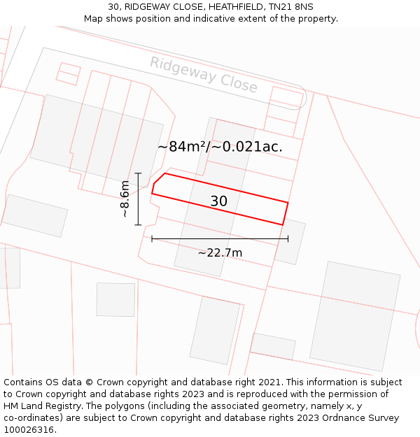 30, RIDGEWAY CLOSE, HEATHFIELD, TN21 8NS: Plot and title map