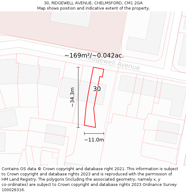 30, RIDGEWELL AVENUE, CHELMSFORD, CM1 2GA: Plot and title map