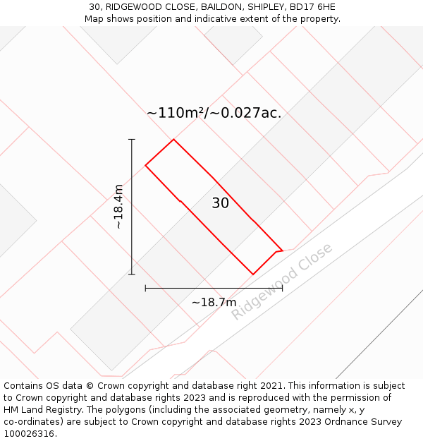 30, RIDGEWOOD CLOSE, BAILDON, SHIPLEY, BD17 6HE: Plot and title map