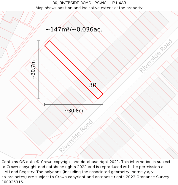 30, RIVERSIDE ROAD, IPSWICH, IP1 4AR: Plot and title map