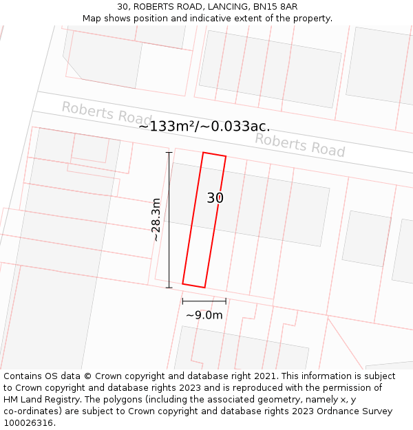 30, ROBERTS ROAD, LANCING, BN15 8AR: Plot and title map