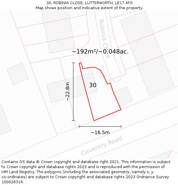 30, ROBINIA CLOSE, LUTTERWORTH, LE17 4FS: Plot and title map