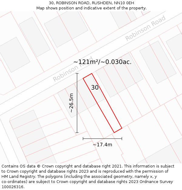 30, ROBINSON ROAD, RUSHDEN, NN10 0EH: Plot and title map