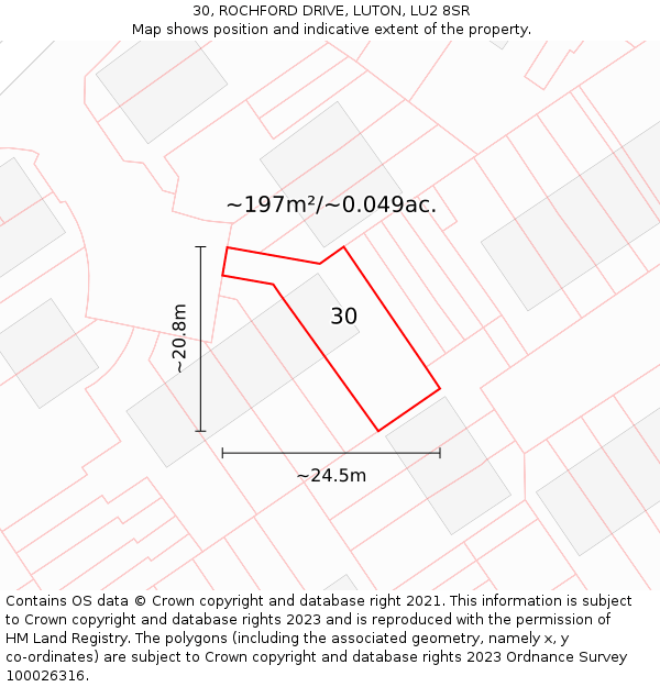 30, ROCHFORD DRIVE, LUTON, LU2 8SR: Plot and title map