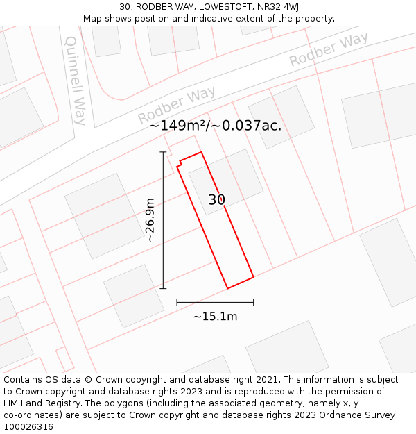 30, RODBER WAY, LOWESTOFT, NR32 4WJ: Plot and title map