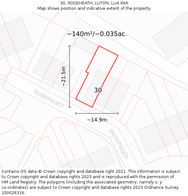 30, RODEHEATH, LUTON, LU4 9XA: Plot and title map