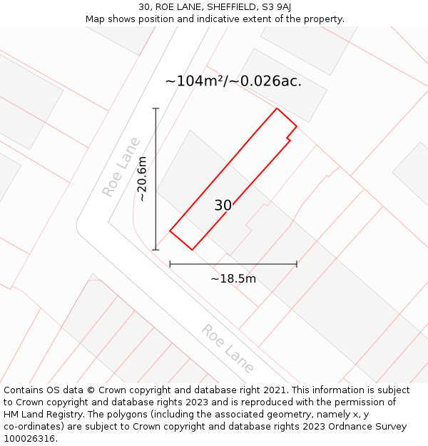 30, ROE LANE, SHEFFIELD, S3 9AJ: Plot and title map