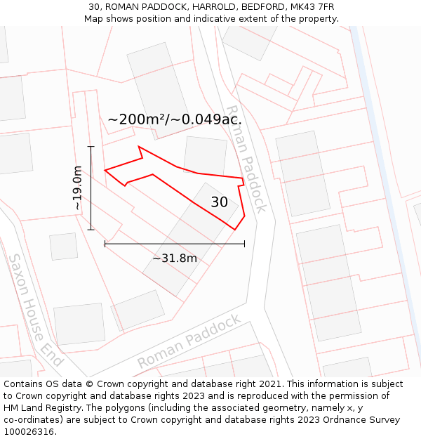 30, ROMAN PADDOCK, HARROLD, BEDFORD, MK43 7FR: Plot and title map