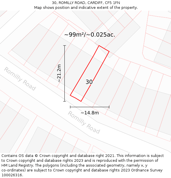 30, ROMILLY ROAD, CARDIFF, CF5 1FN: Plot and title map