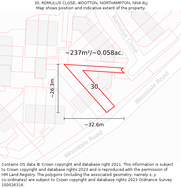 30, ROMULUS CLOSE, WOOTTON, NORTHAMPTON, NN4 6LJ: Plot and title map