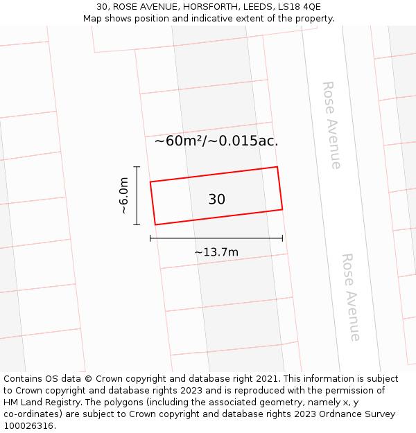 30, ROSE AVENUE, HORSFORTH, LEEDS, LS18 4QE: Plot and title map