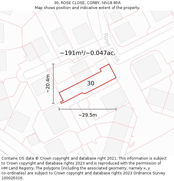 30, ROSE CLOSE, CORBY, NN18 8PA: Plot and title map