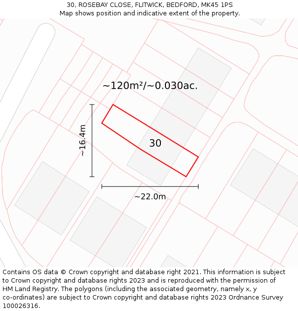 30, ROSEBAY CLOSE, FLITWICK, BEDFORD, MK45 1PS: Plot and title map