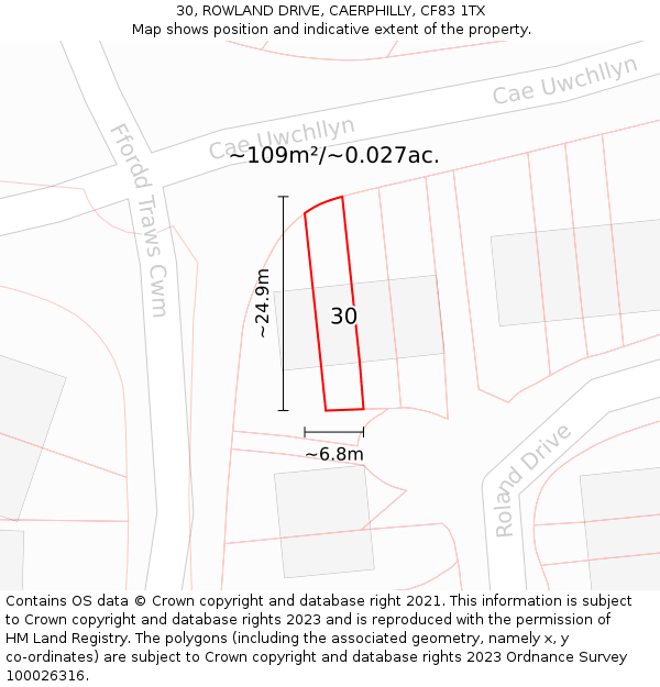30, ROWLAND DRIVE, CAERPHILLY, CF83 1TX: Plot and title map