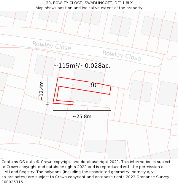 30, ROWLEY CLOSE, SWADLINCOTE, DE11 8LX: Plot and title map