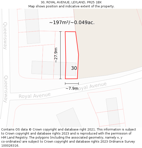 30, ROYAL AVENUE, LEYLAND, PR25 1BX: Plot and title map