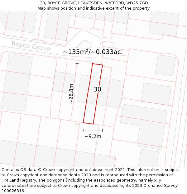 30, ROYCE GROVE, LEAVESDEN, WATFORD, WD25 7GD: Plot and title map