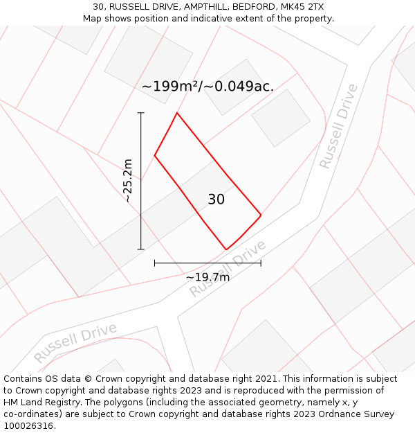 30, RUSSELL DRIVE, AMPTHILL, BEDFORD, MK45 2TX: Plot and title map