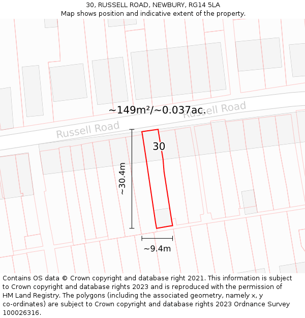 30, RUSSELL ROAD, NEWBURY, RG14 5LA: Plot and title map