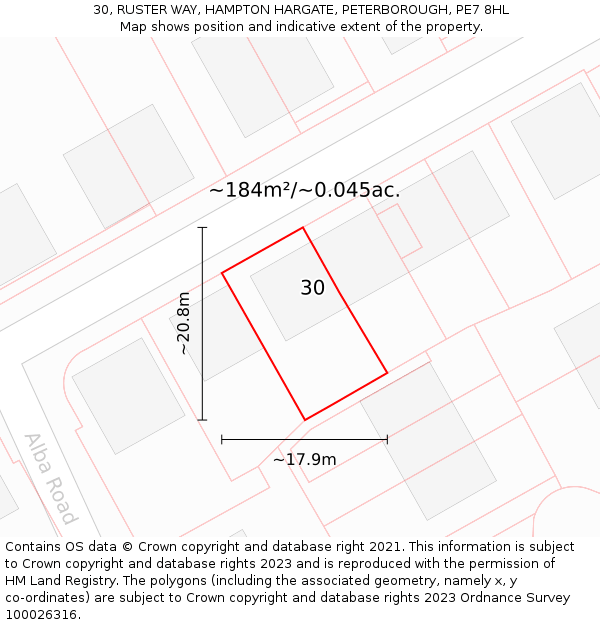 30, RUSTER WAY, HAMPTON HARGATE, PETERBOROUGH, PE7 8HL: Plot and title map