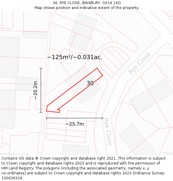 30, RYE CLOSE, BANBURY, OX16 1XG: Plot and title map