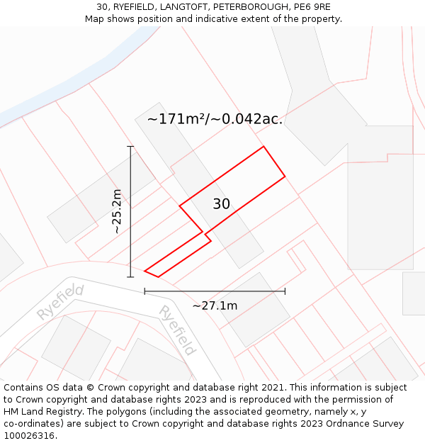 30, RYEFIELD, LANGTOFT, PETERBOROUGH, PE6 9RE: Plot and title map