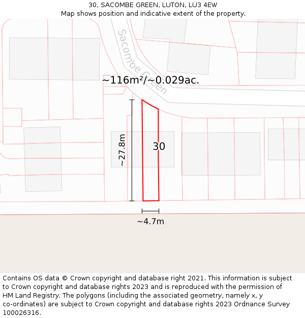 30, SACOMBE GREEN, LUTON, LU3 4EW: Plot and title map