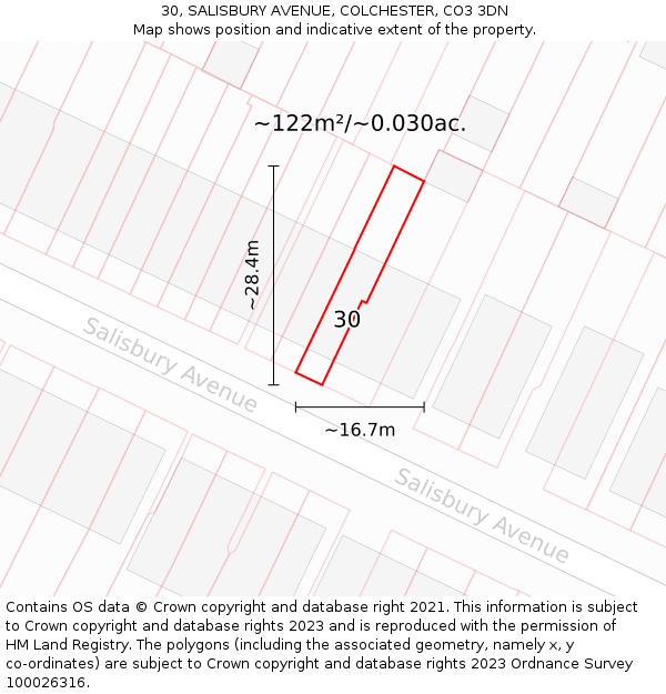 30, SALISBURY AVENUE, COLCHESTER, CO3 3DN: Plot and title map