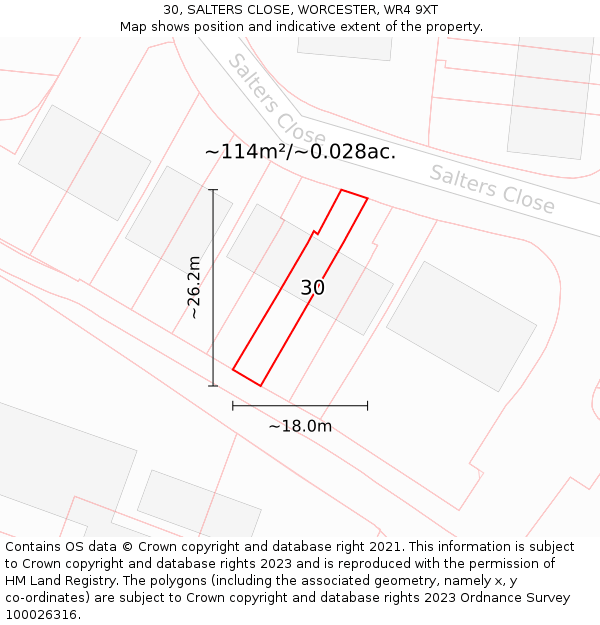 30, SALTERS CLOSE, WORCESTER, WR4 9XT: Plot and title map