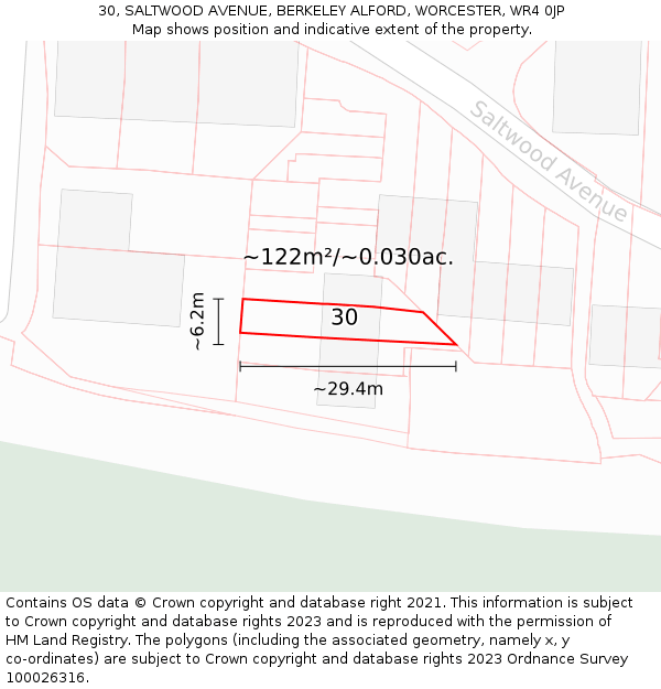 30, SALTWOOD AVENUE, BERKELEY ALFORD, WORCESTER, WR4 0JP: Plot and title map