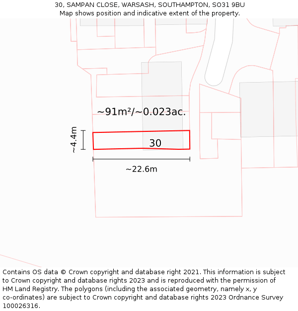 30, SAMPAN CLOSE, WARSASH, SOUTHAMPTON, SO31 9BU: Plot and title map
