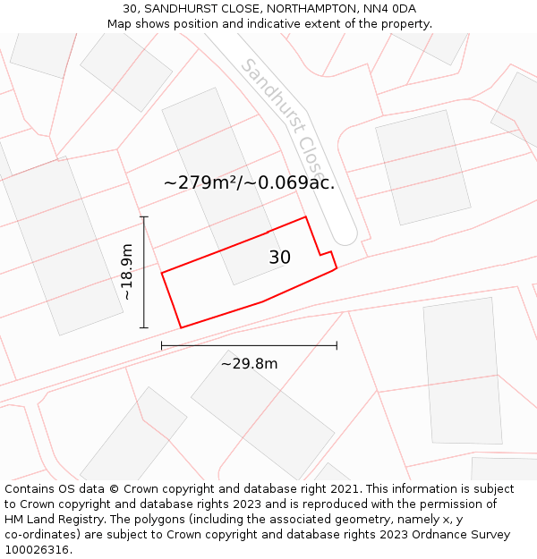 30, SANDHURST CLOSE, NORTHAMPTON, NN4 0DA: Plot and title map