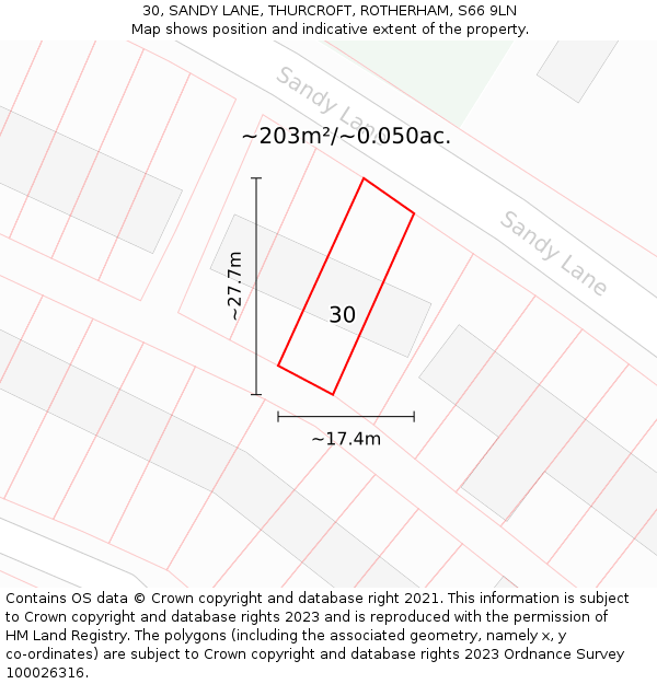 30, SANDY LANE, THURCROFT, ROTHERHAM, S66 9LN: Plot and title map
