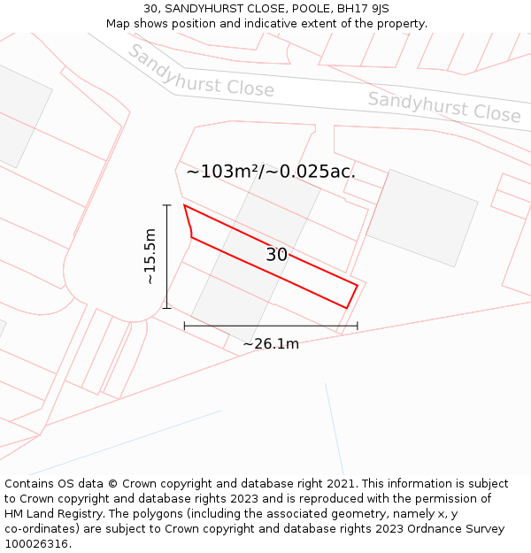 30, SANDYHURST CLOSE, POOLE, BH17 9JS: Plot and title map